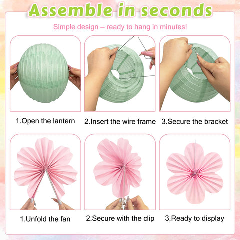 Dimhut 10-inch flower fans enhance a pastel event backdrop.