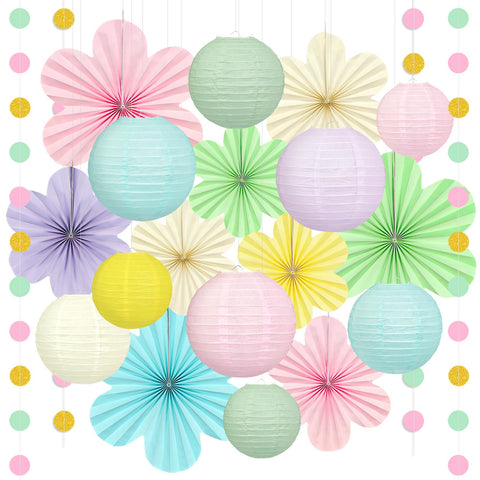 Dimhut pastel lanterns brighten a classroom ceiling for a soft spring look.