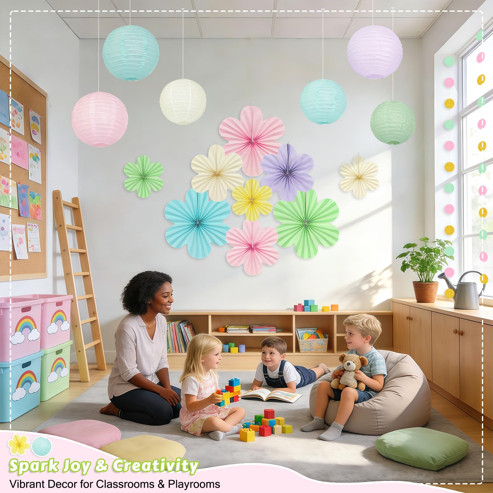 Dimhut 6-inch pastel lanterns create layered ceiling depth.