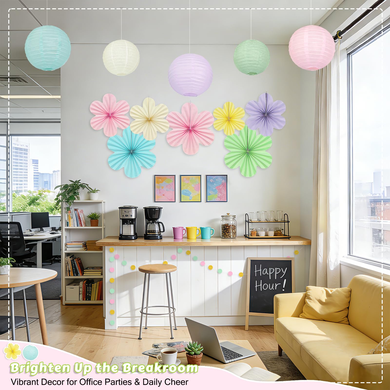 Dimhut 8-inch pastel lanterns add subtle glow to party ambiance.