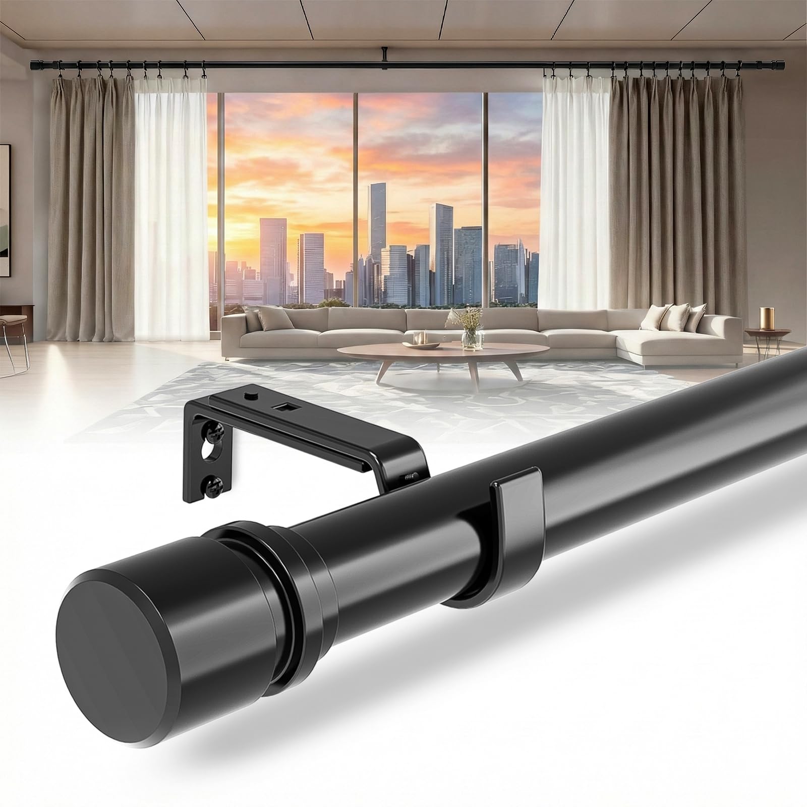 Dimili outdoor curtain rod extended to fit a wide patio window.