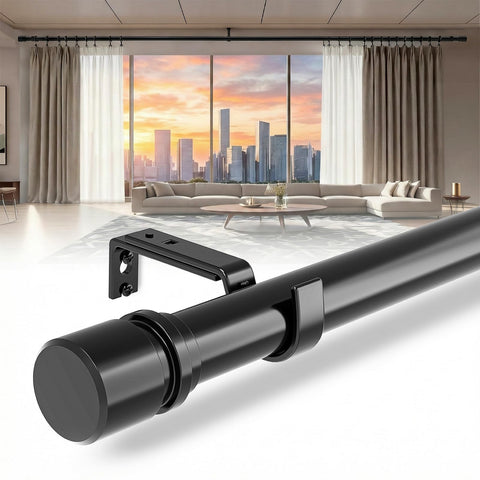 Dimili outdoor curtain rod extended to fit a wide patio window.