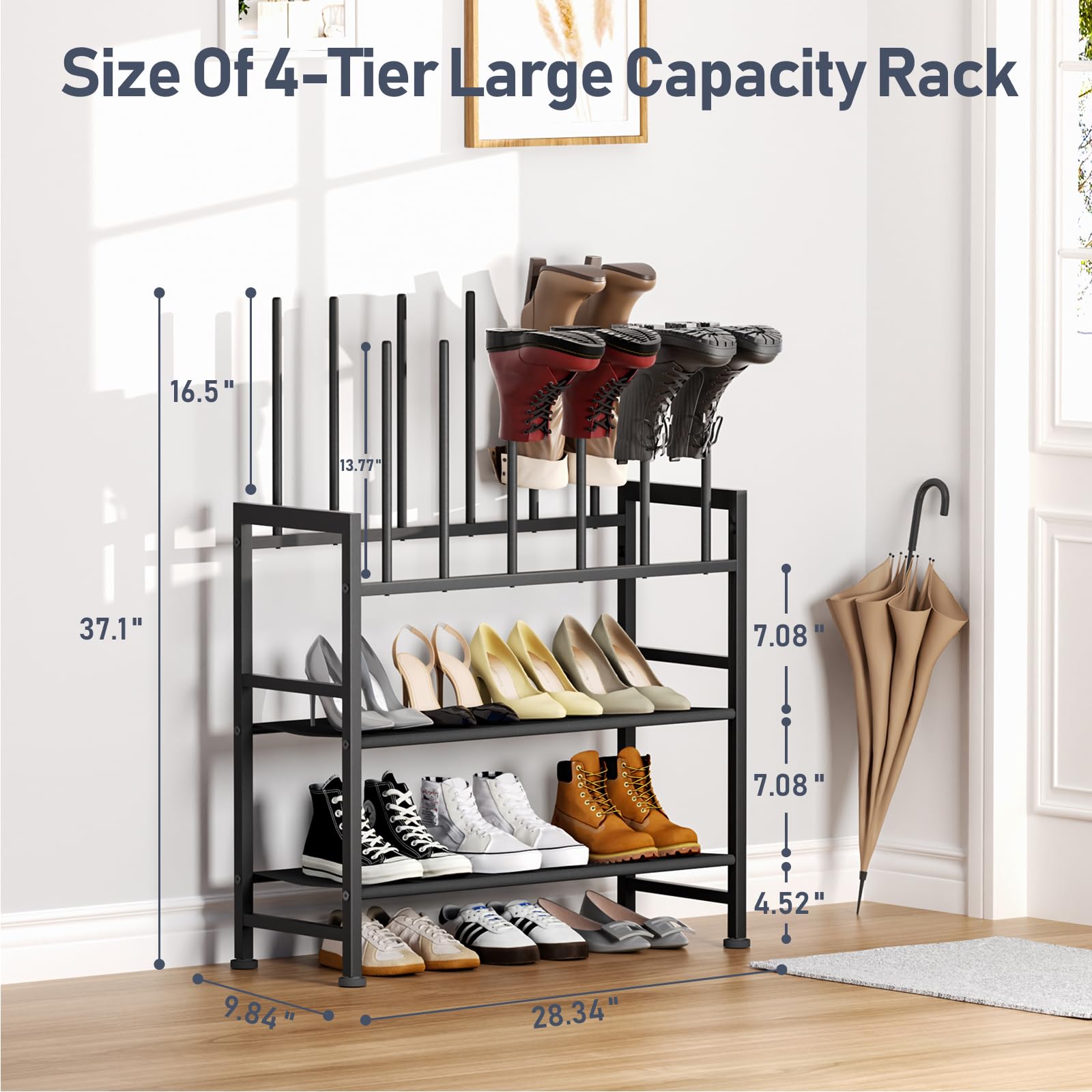 DIMJ boot rack 4-tier side view showing compact footprint for entryways.