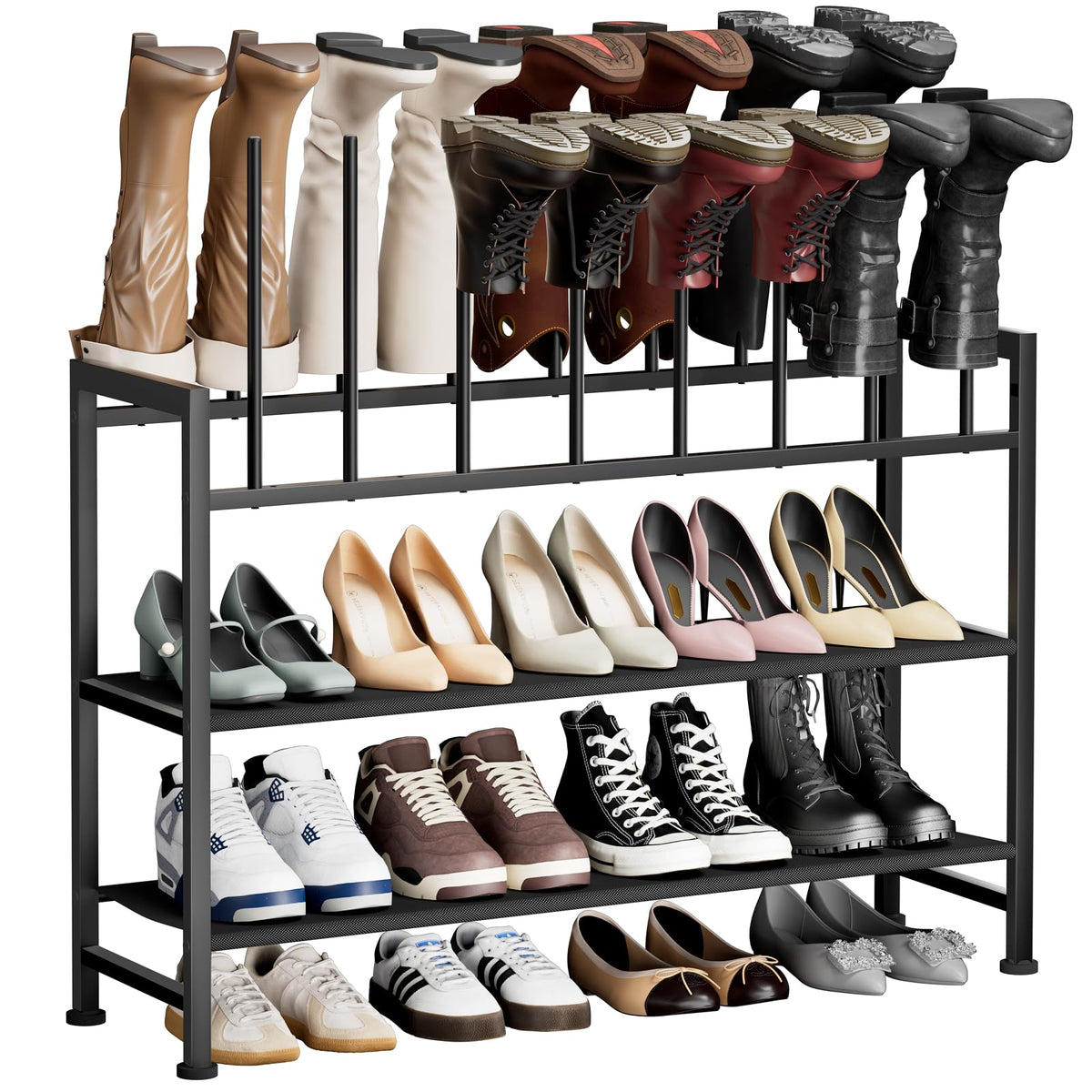 DIMJ boot rack 4-tier front view showing organized tall boots