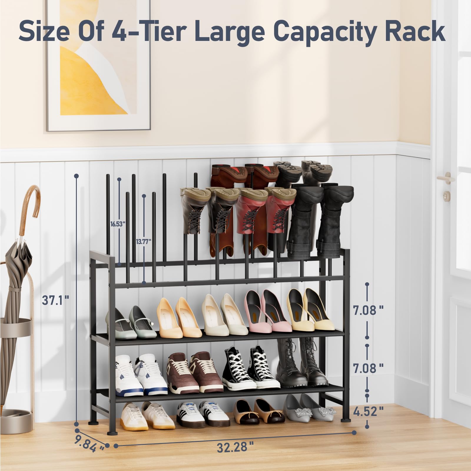 DIMJ boot rack 4-tier side view demonstrates versatile footwear storage