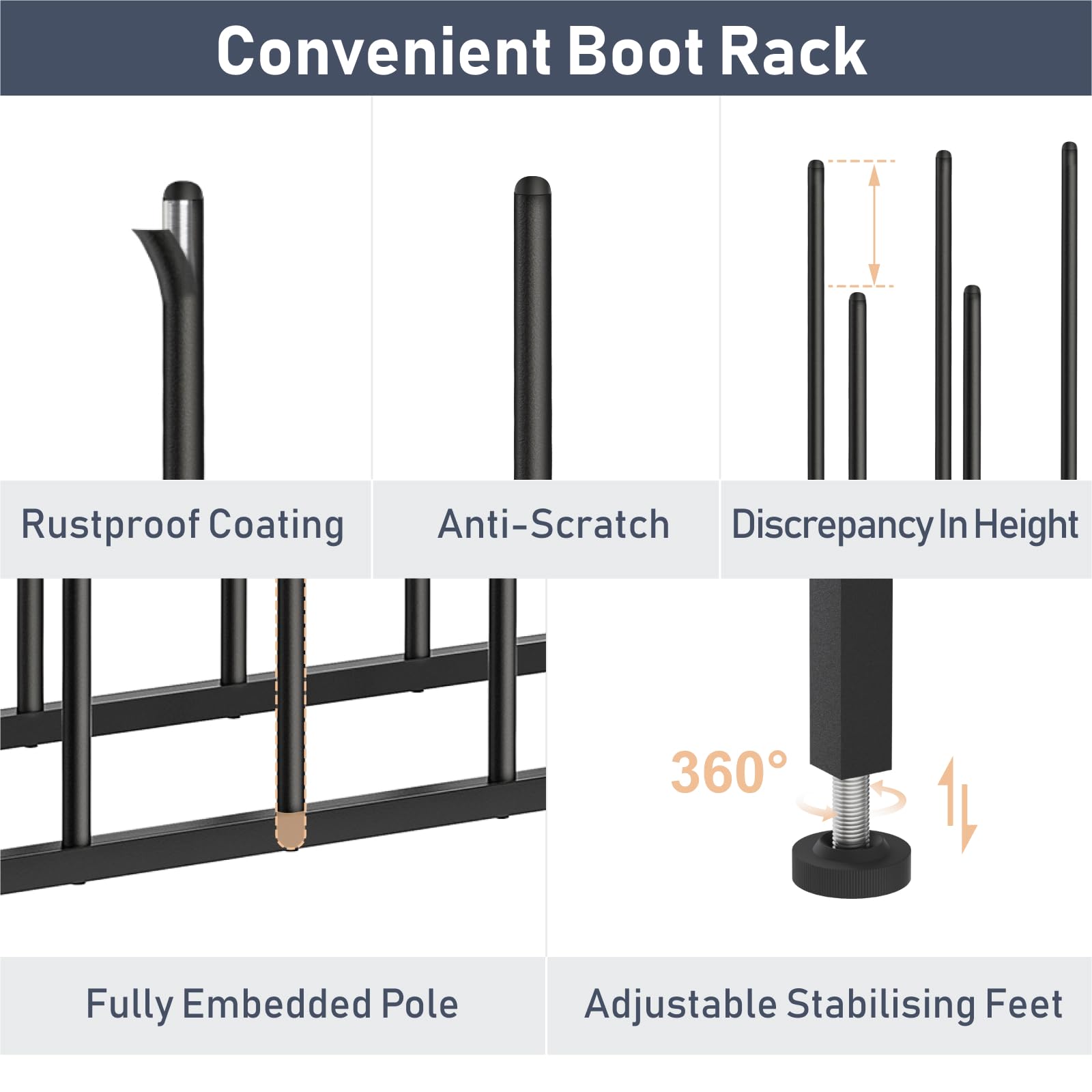 DIMJ boot rack adjustable feet protect floors on uneven surfaces.