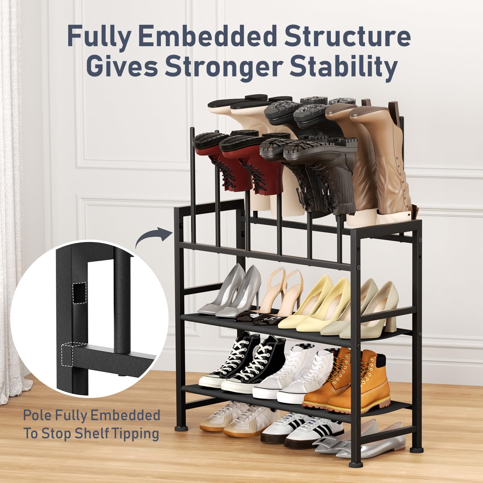 DIMJ boot rack upside-down design prevents wrinkles and dust.
