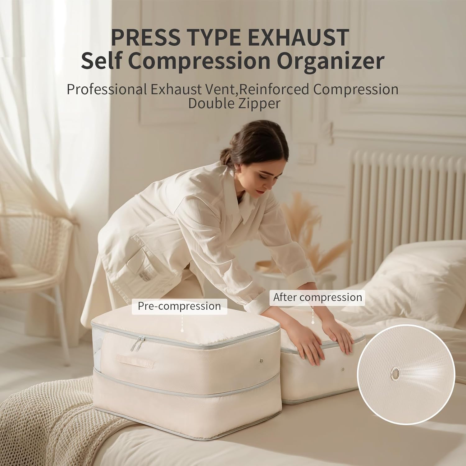 DIMJ bag demonstrates compact compression to save closet space.