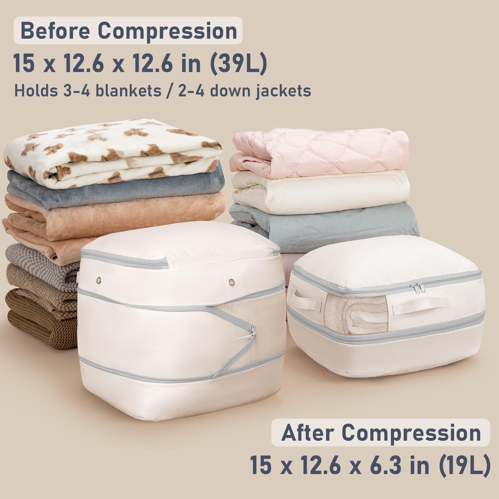 DIMJ compression bags show middle compression design for efficient shrink.
