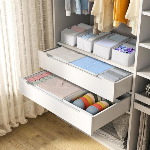 DIMJ closet shelf organization showing tidy drawers.