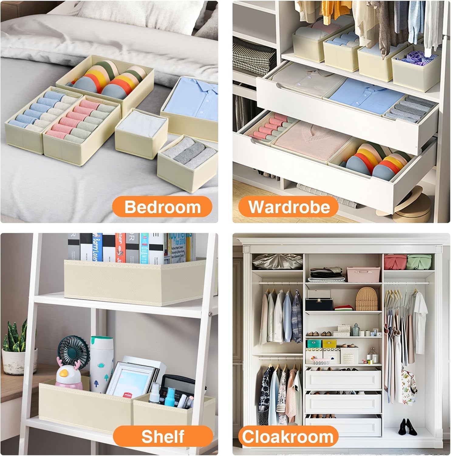 DIMJ drawer organizer folded-flat beige bin ready for compact storage.