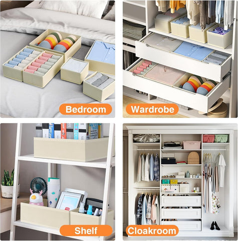 DIMJ drawer organizer folded-flat beige bin ready for compact storage.