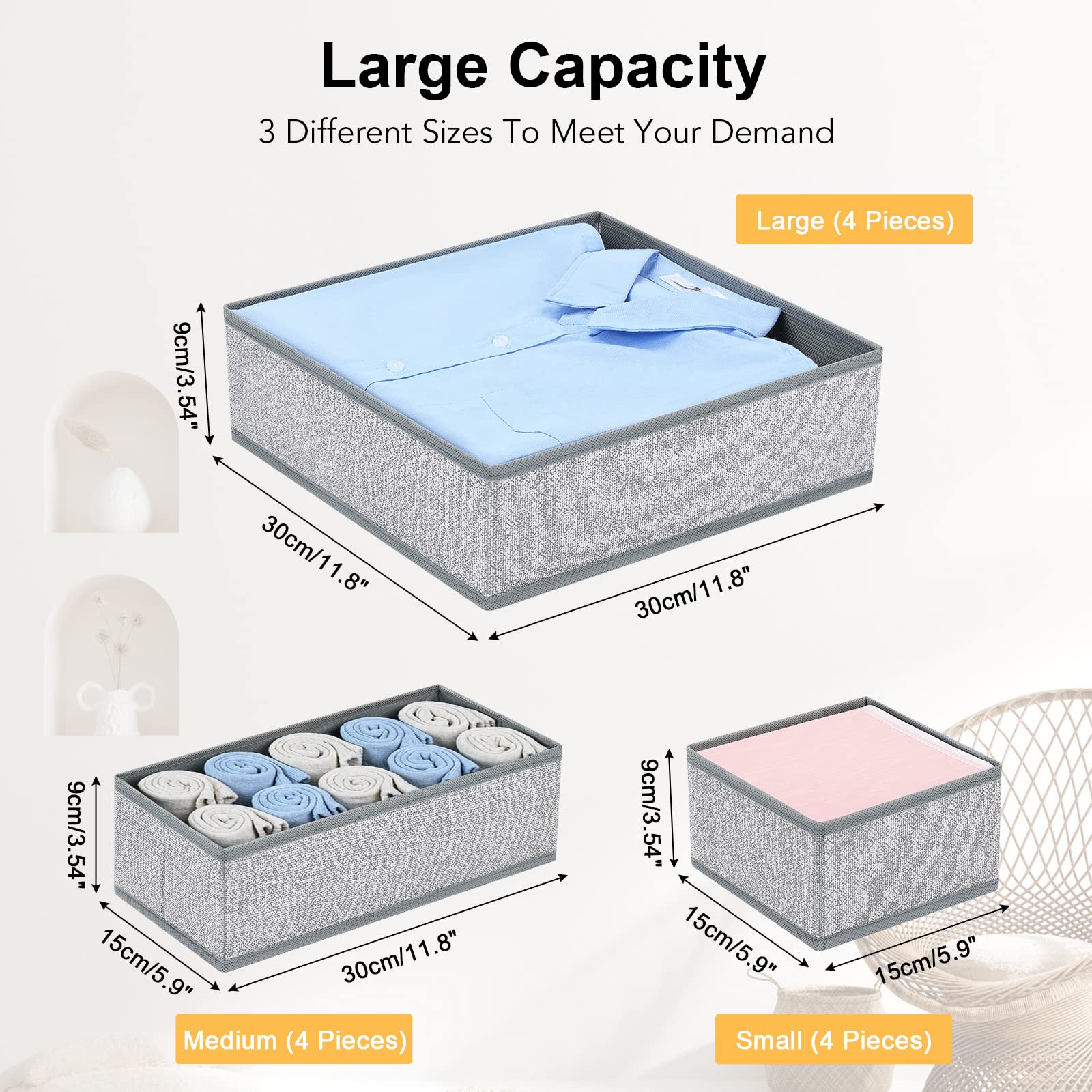 DIMJ drawer organizers foldable medium-rectangle bins help sort socks and accessories.