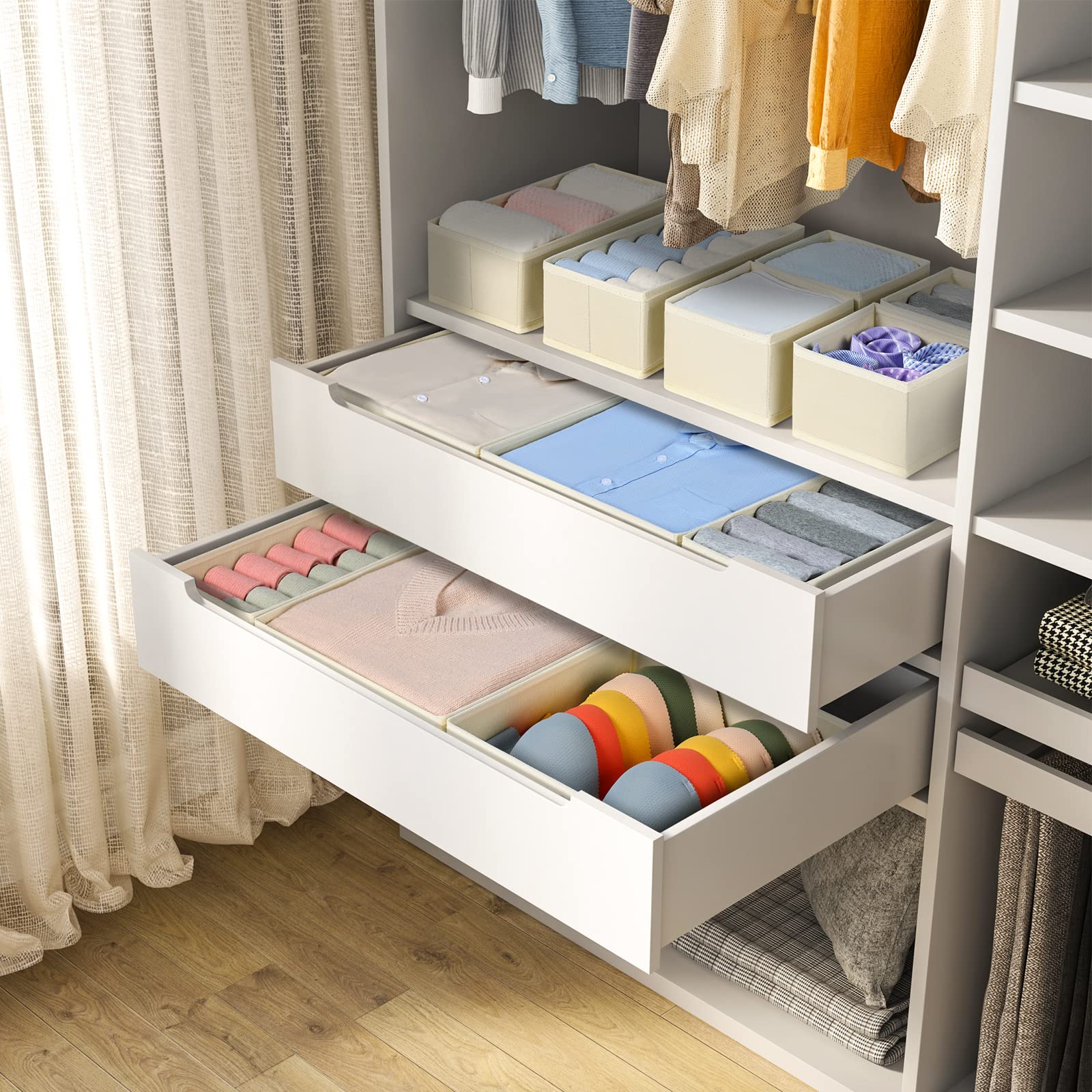Foldable DIMJ drawer storage with zip-bottom keeps contents secure and accessible.