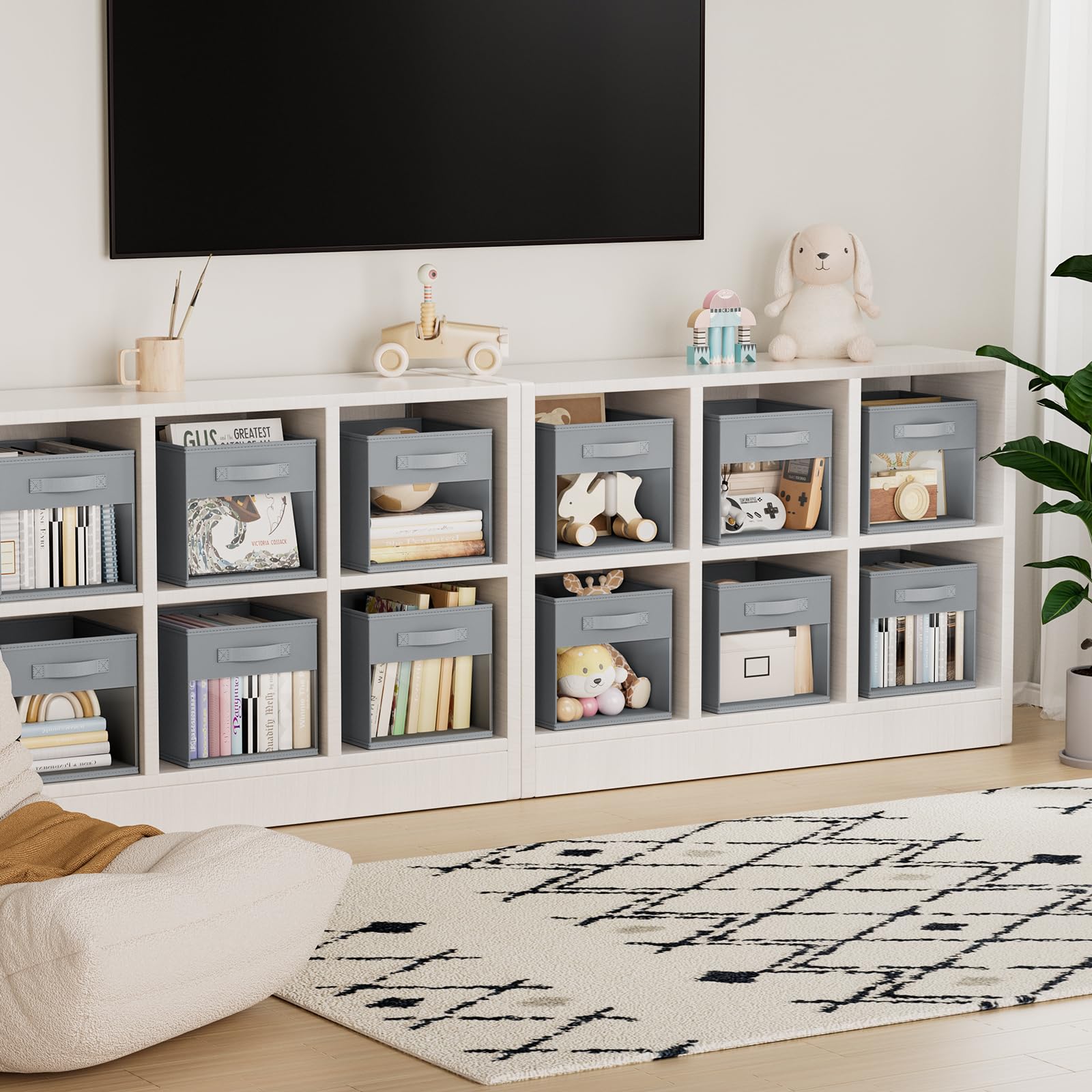 DIMJ gray cube storage on a shelf complements a tidy closet or playroom.