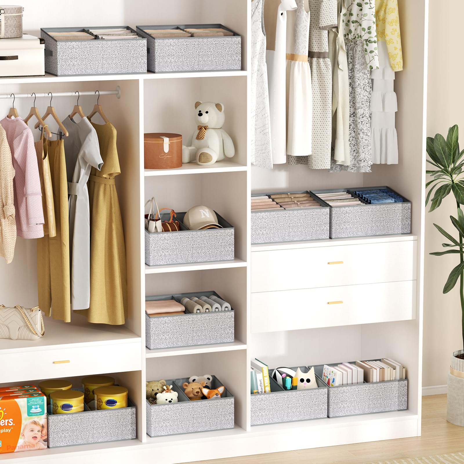 DIMJ grey closet bin on a shelf helps reduce closet clutter.