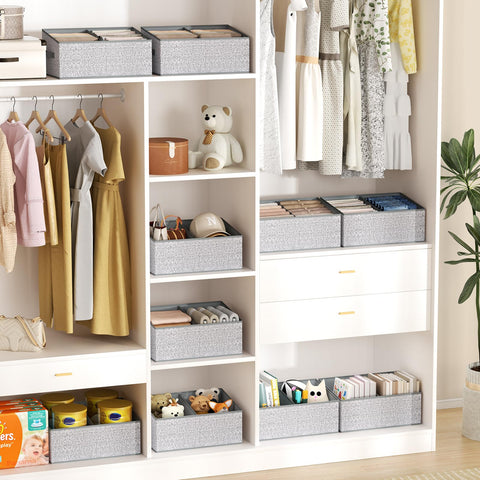 DIMJ grey closet bin on a shelf helps reduce closet clutter.