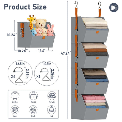 DIMJ Hanging Closet Organizer open-view shelves allow quick access to items.