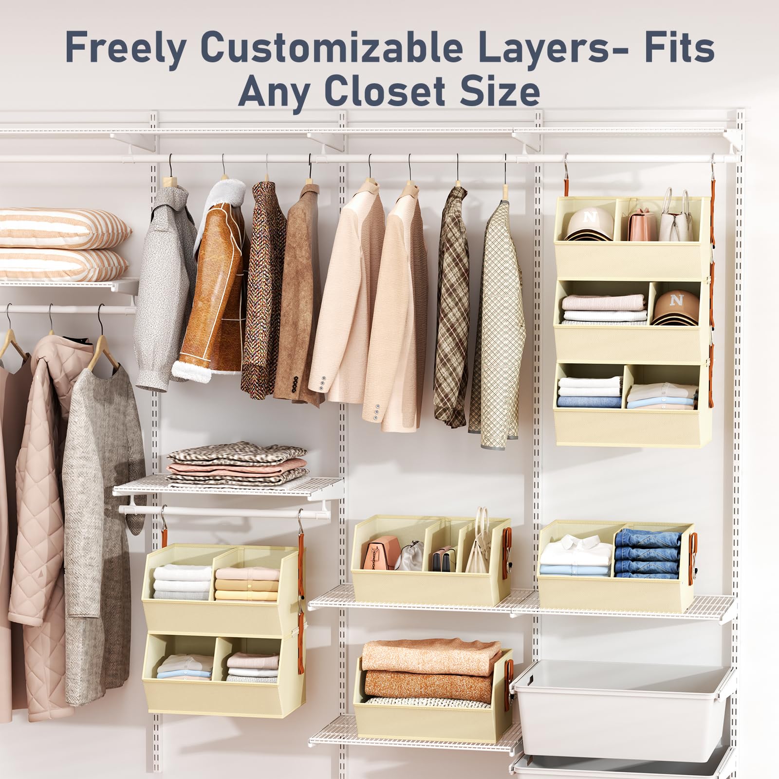 DIMJ adjustable divider panel on hanging closet organizer showing customizable compartments for sweaters and jeans.