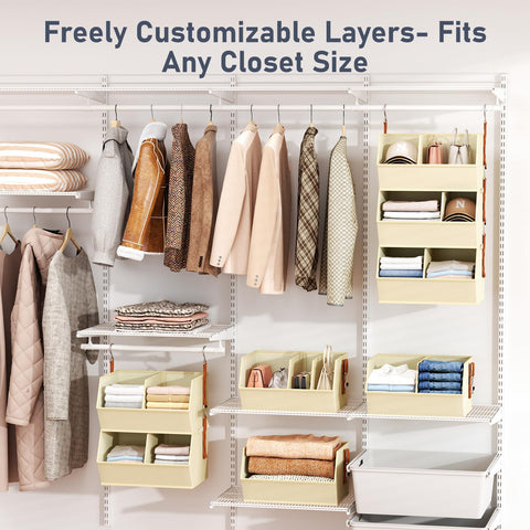 DIMJ adjustable divider panel on hanging closet organizer showing customizable compartments for sweaters and jeans.