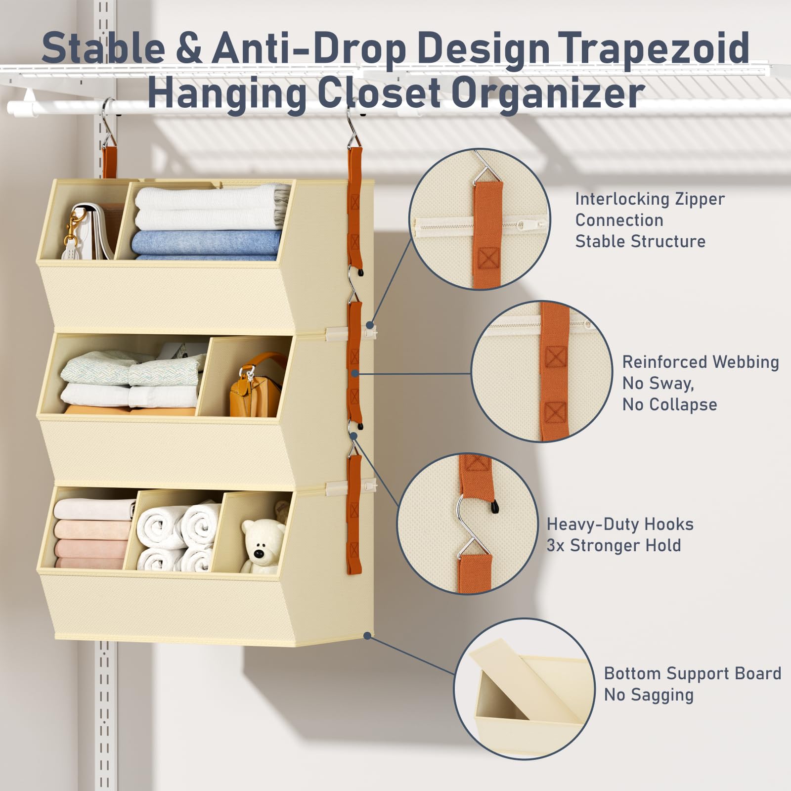 DIMJ fold-flat design of hanging closet organizer illustrating space-saving storage.