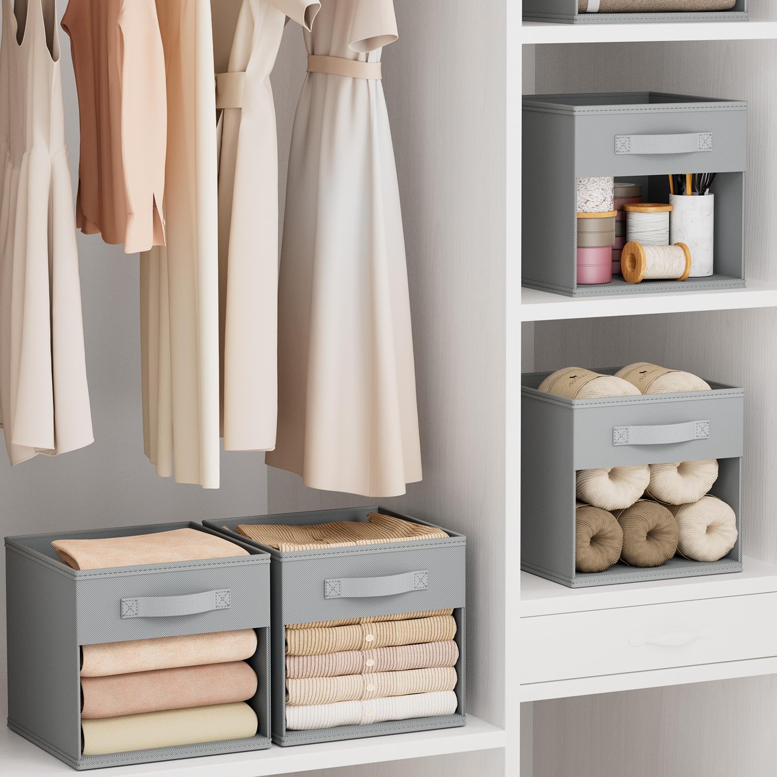 DIMJ storage bins suitable for clothes, toys, books, and magazines on shelves.