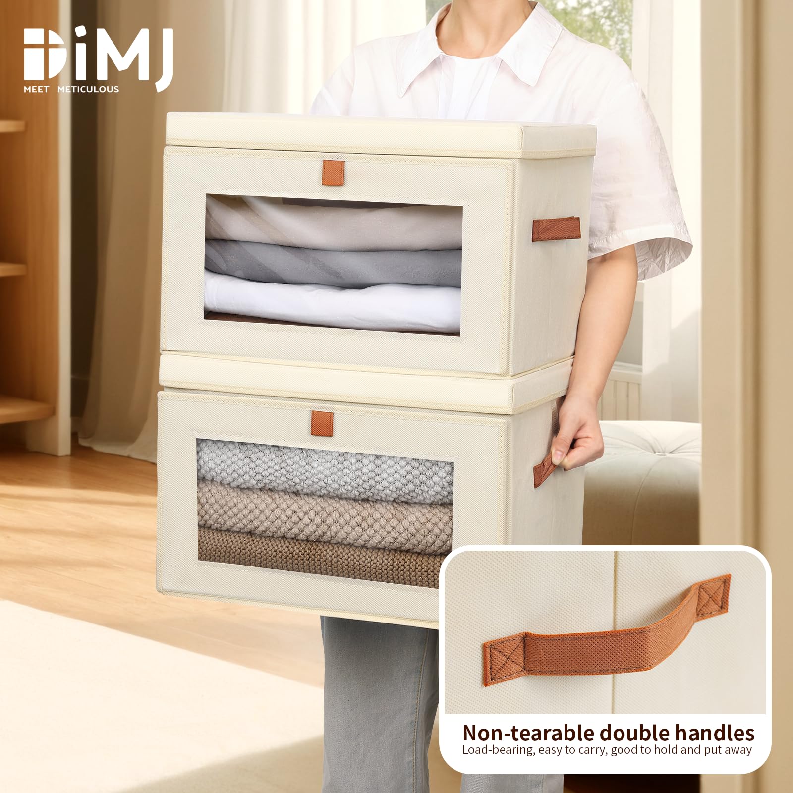 DIMJ storage bins placed in a bedroom closet maintain tidy organization.