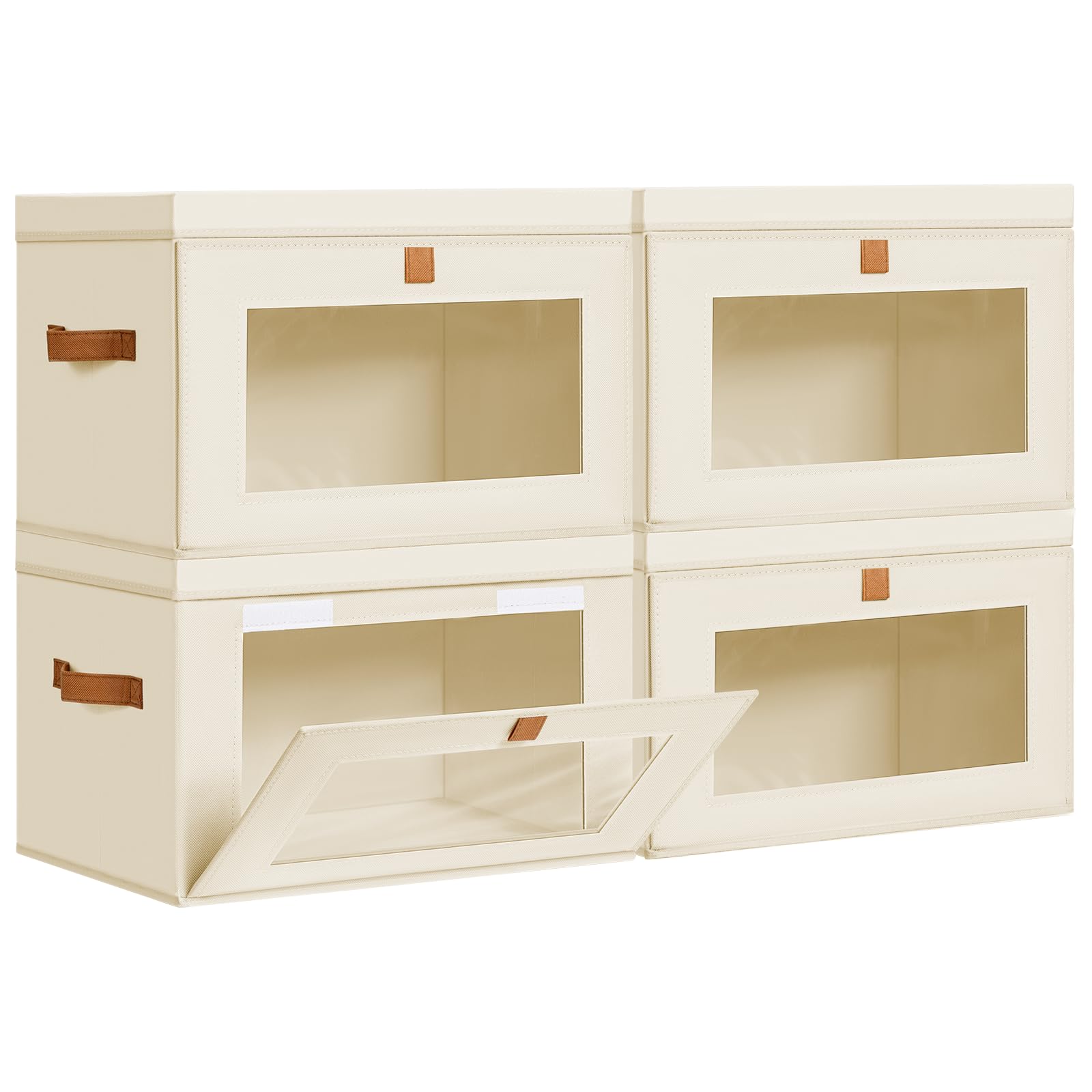 DIMJ storage bins with lids front-opening design for easy access on tall shelves.