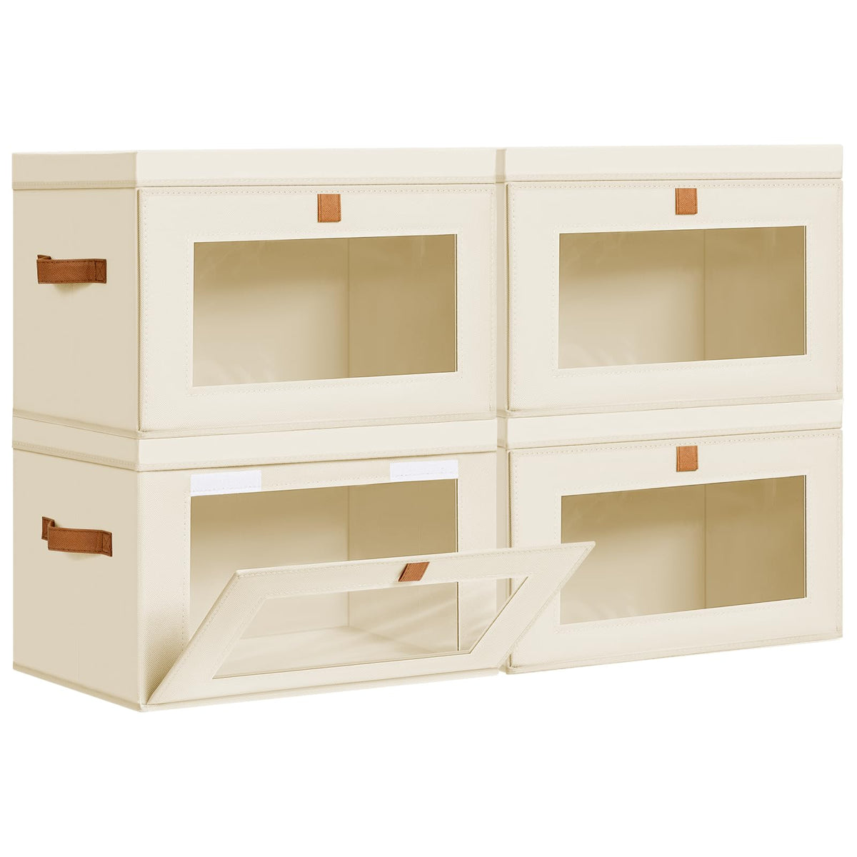 DIMJ storage bins with lids front-opening design for easy access on tall shelves.