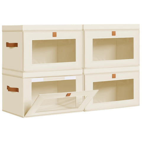 DIMJ storage bins with lids front-opening design for easy access on tall shelves.