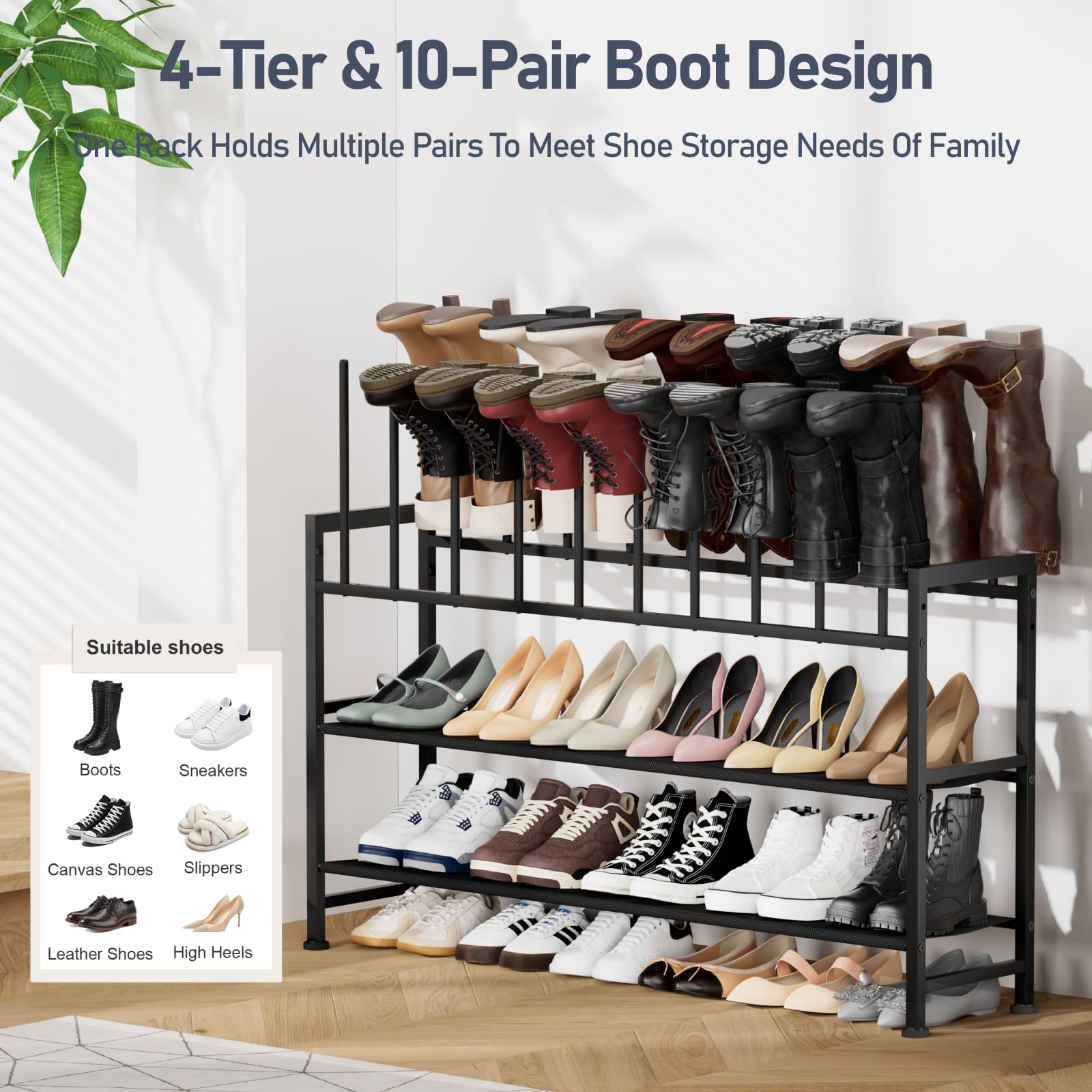 DIMJ boot rack 4-tier shows rust-resistant metal durability for long-term use.