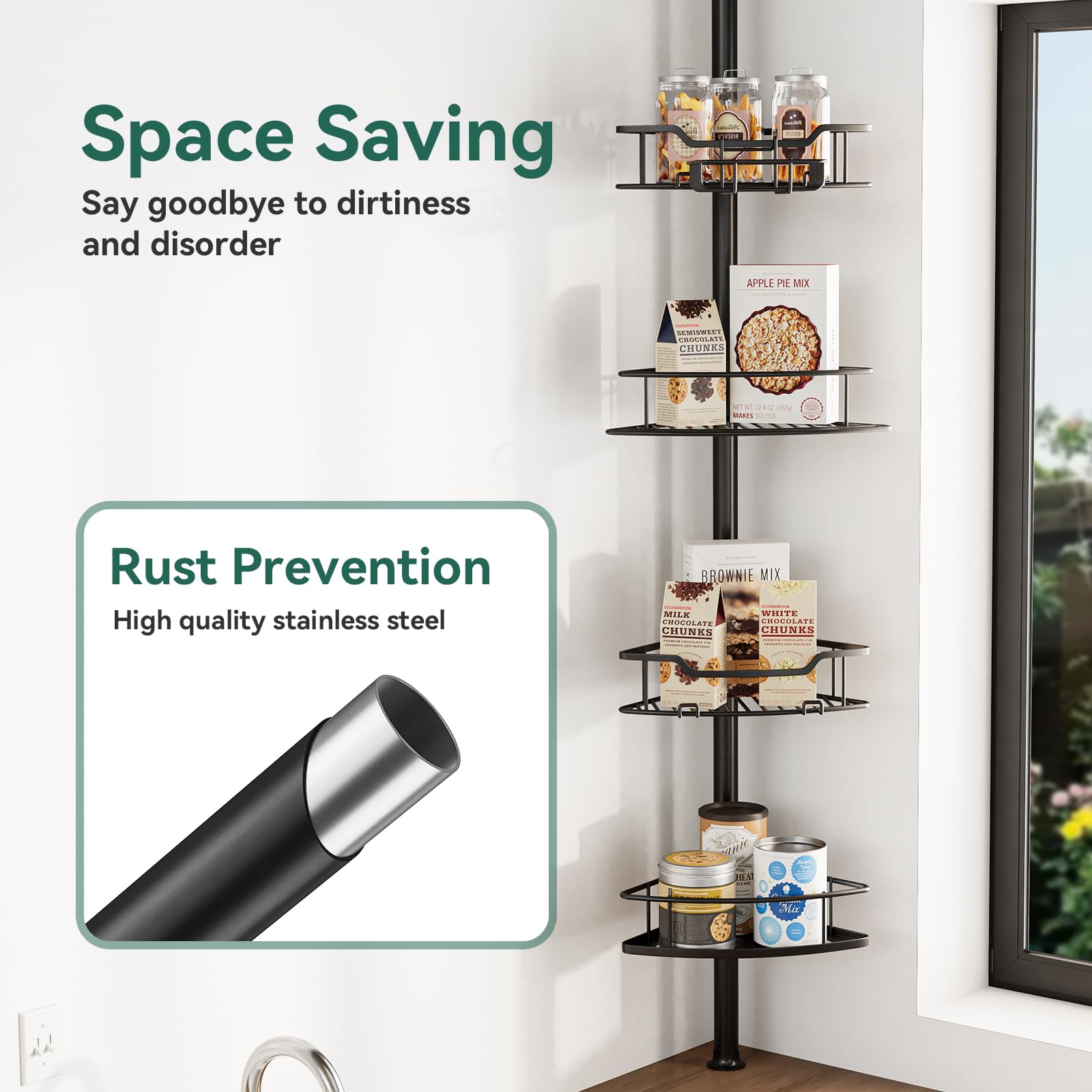 Dimyno four-tier storage corner shelves with hooks for easy organization.