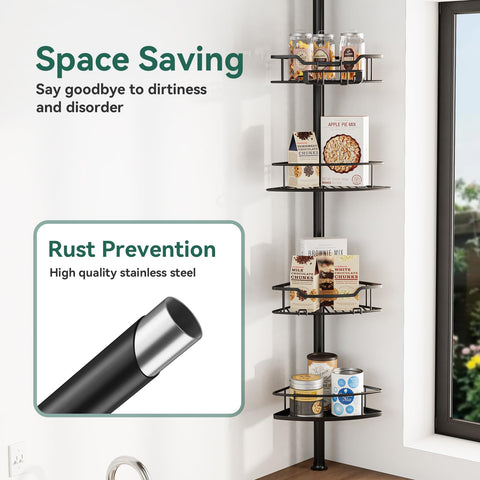 Dimyno four-tier storage corner shelves with hooks for easy organization.