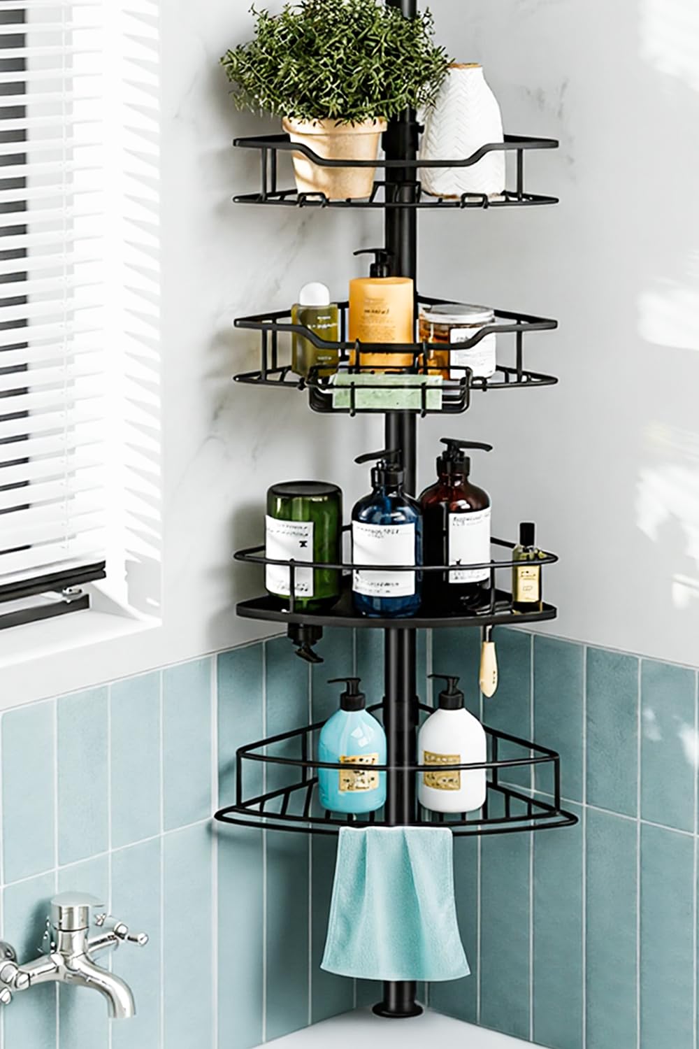 Dimyno corner shower caddy tension pole extended for tall ceilings.