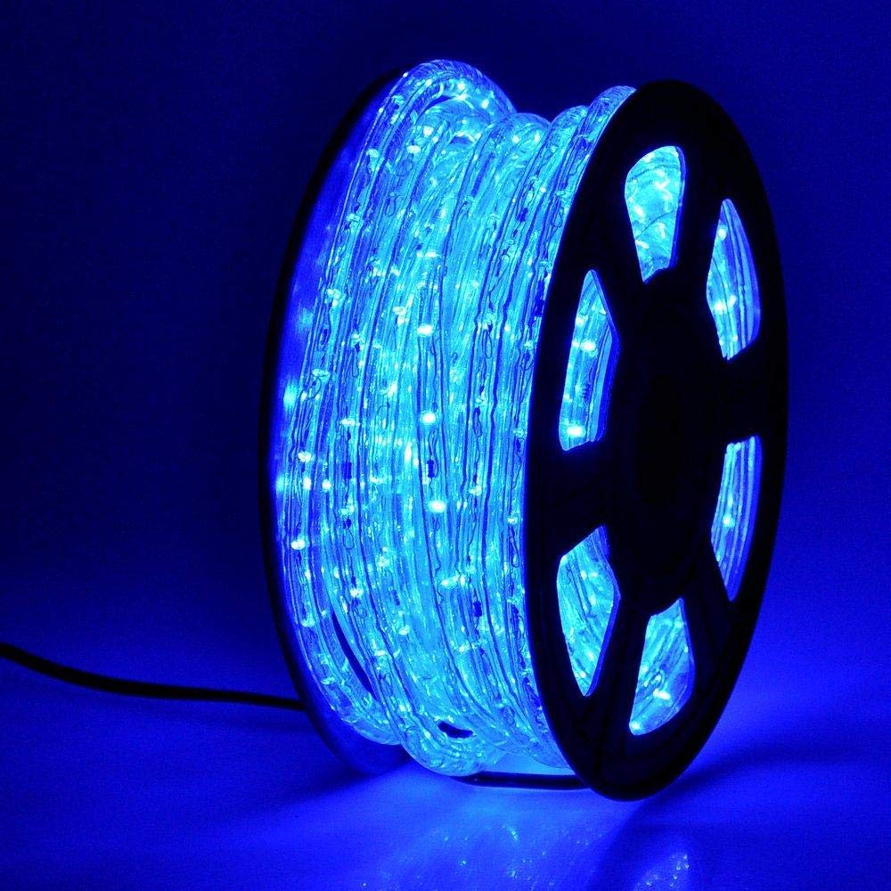 DINGFU 50ft blue LED rope light on a deck enhances outdoor ambiance