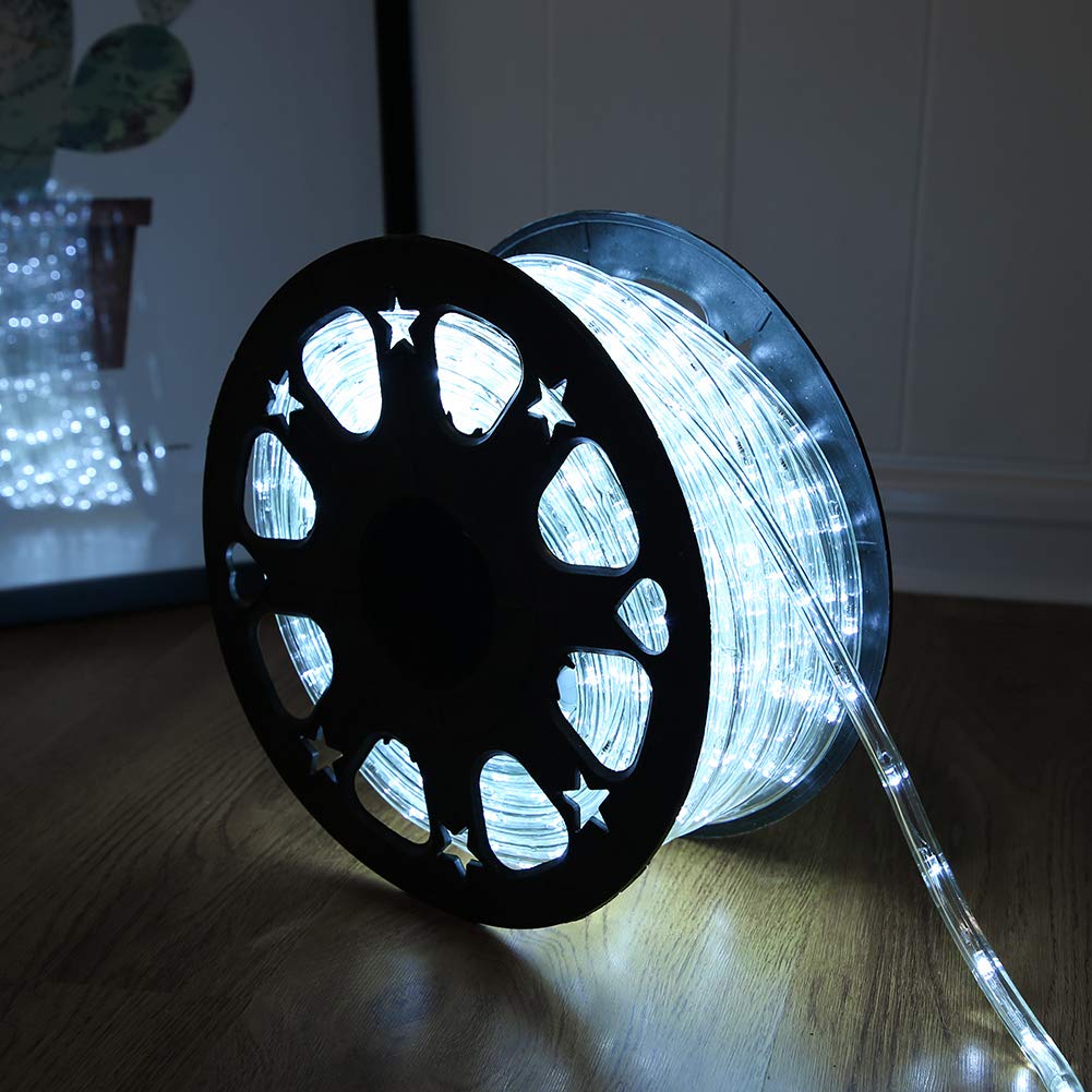DINGFU 50ft rope light for outdoor use provides bright white illumination.
