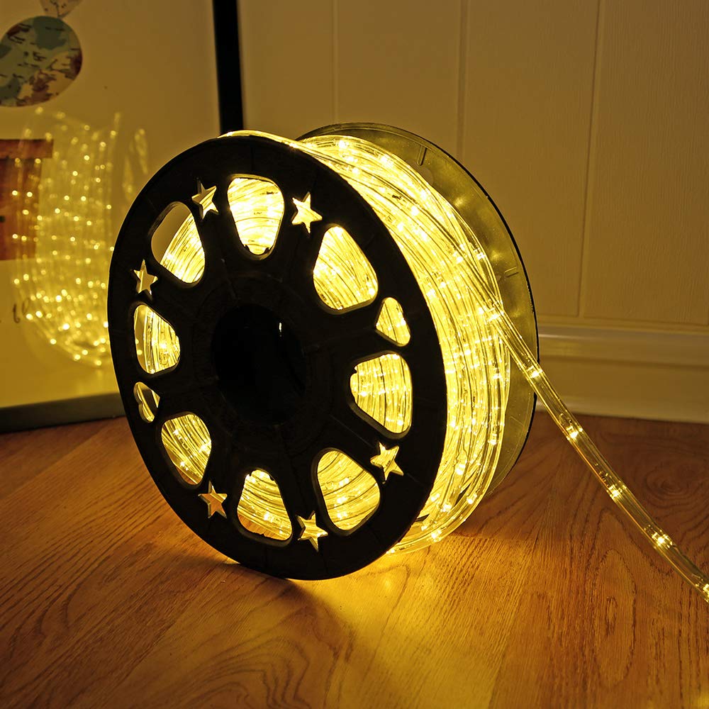DINGFU 50ft rope light on deck with warm white glow for cozy outdoor evenings.