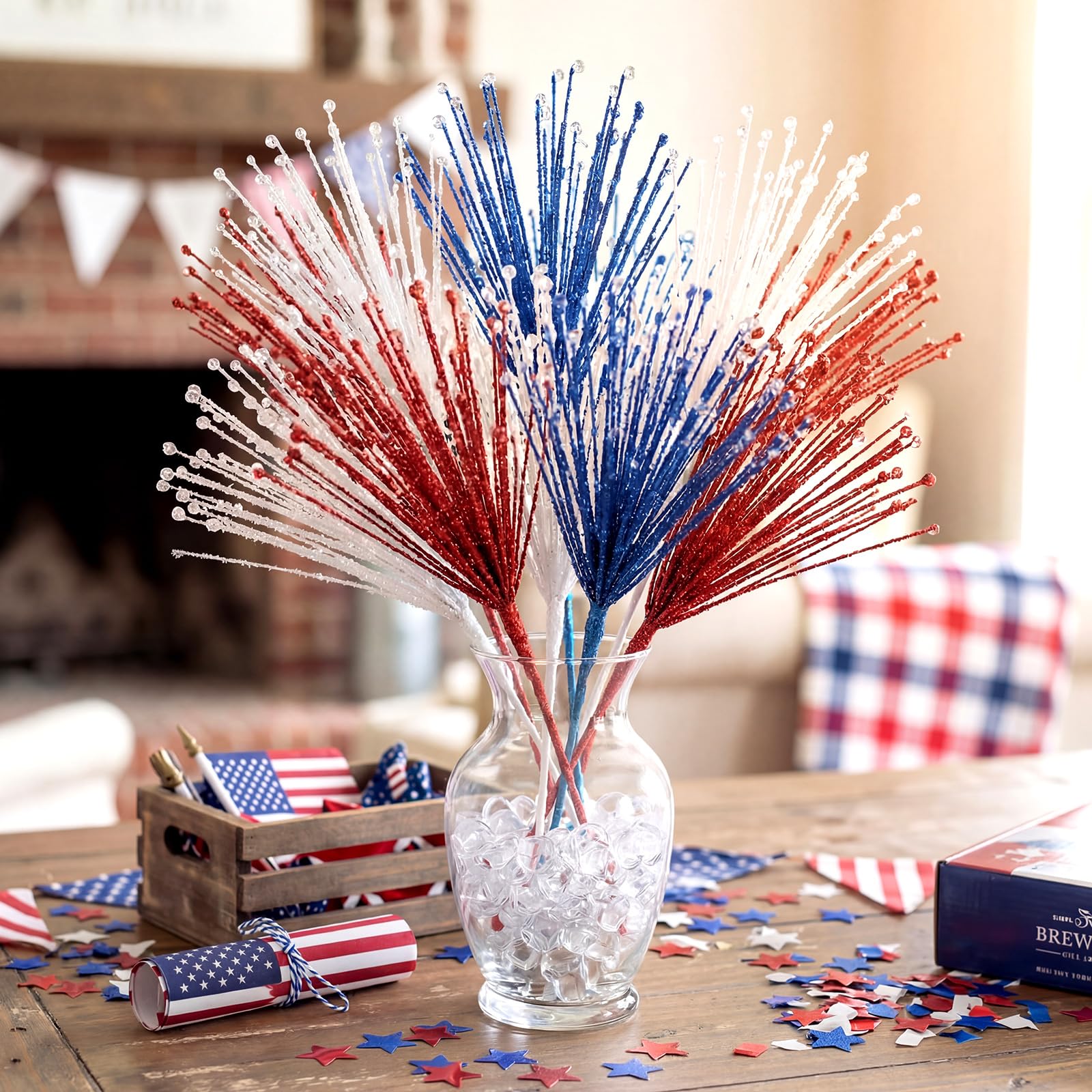 Dingion glittery firework picks accentuate mantel displays.