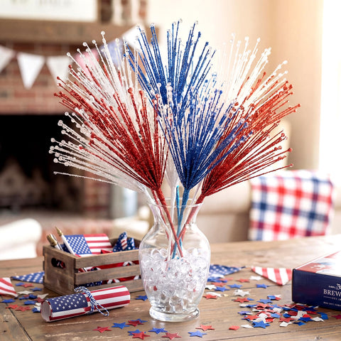 Dingion glittery firework picks accentuate mantel displays.
