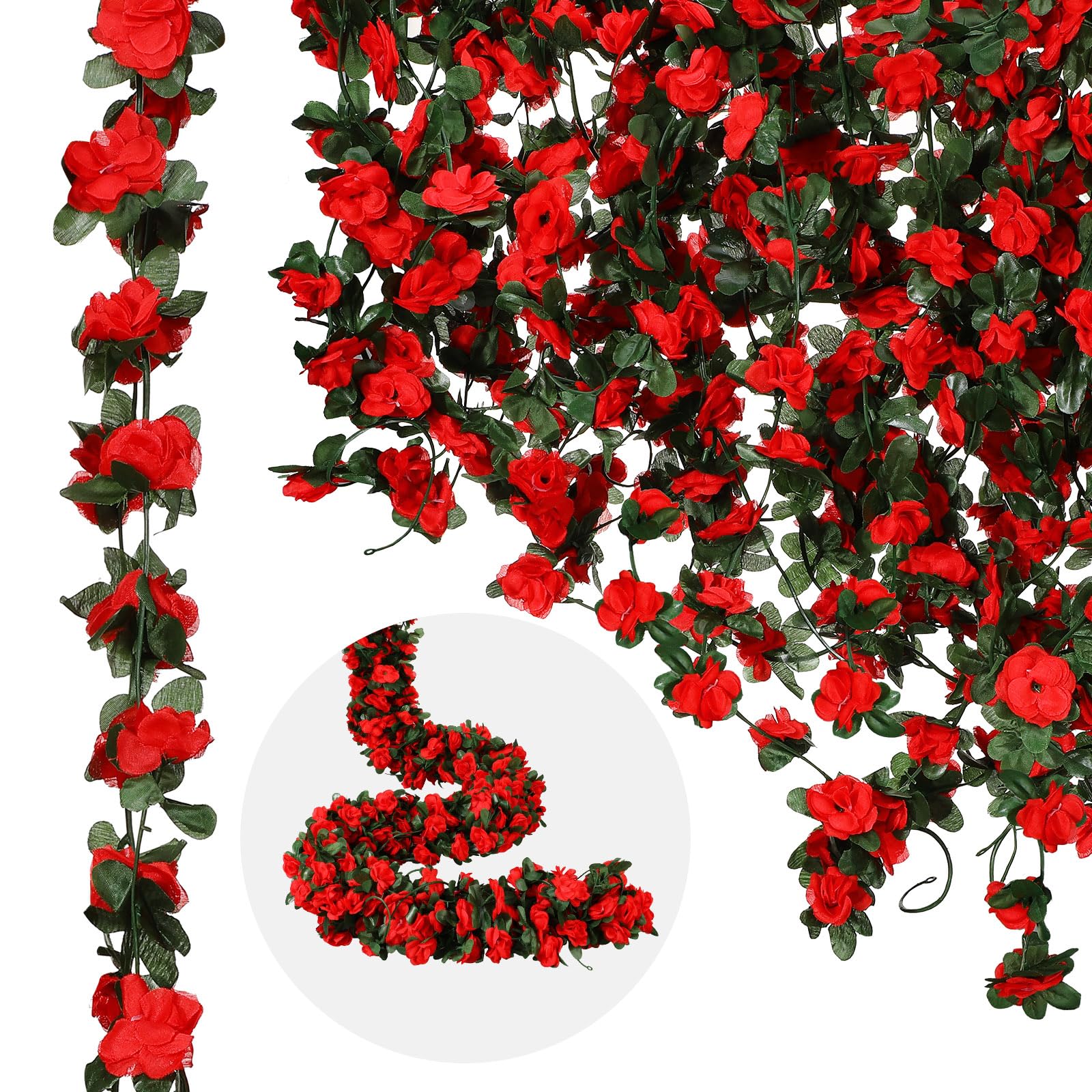 Dingion rose vine garland with red blooms for a floral backdrop.