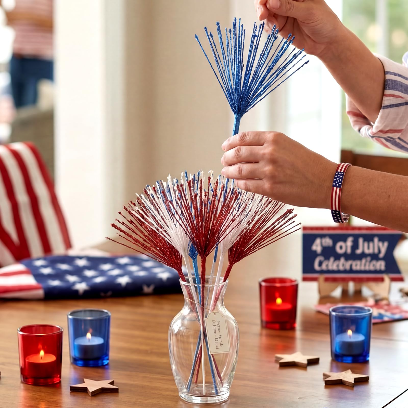 Dingion USA themed table decor for Independence Day celebrations.