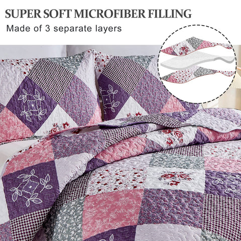 Dinjoy floral patchwork quilt close-up emphasizes soft texture and vibrant purple tones.