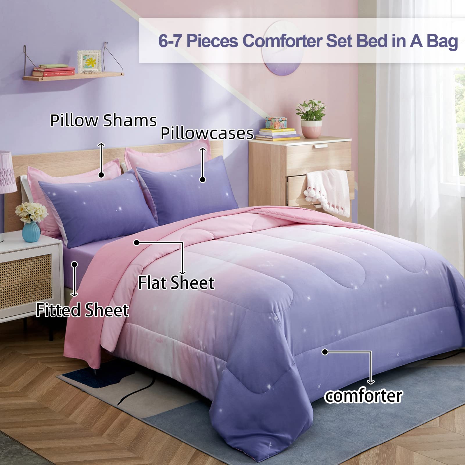 Dinjoy ombre pink purple design highlights modern girls' bedding