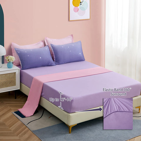 Dinjoy purple fitted sheet shown on a full-size bed for a secure fit