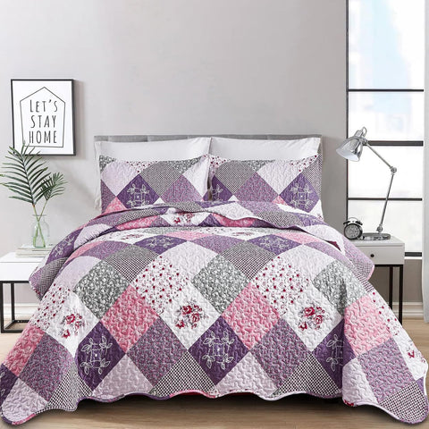 Dinjoy purple quilt set floral patchwork closeup for cozy decor