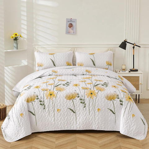 Queen-size floral quilt set coordinates with various sheets and throws.