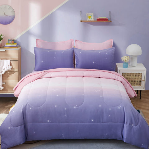 Dinjoy rainbow comforter set on a kid's bed with vibrant ombre colors