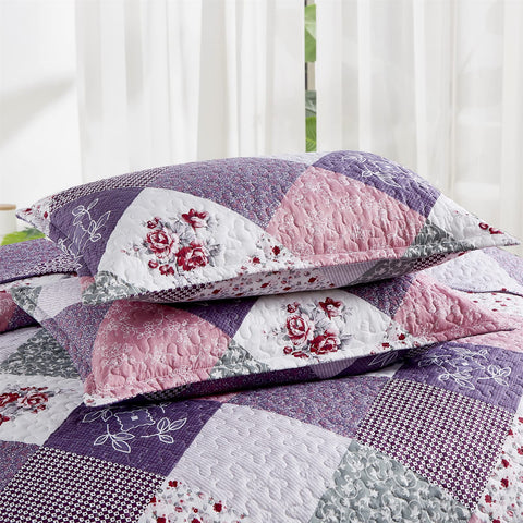 Dinjoy reversible floral plaid detail shows patchwork design and color variation.
