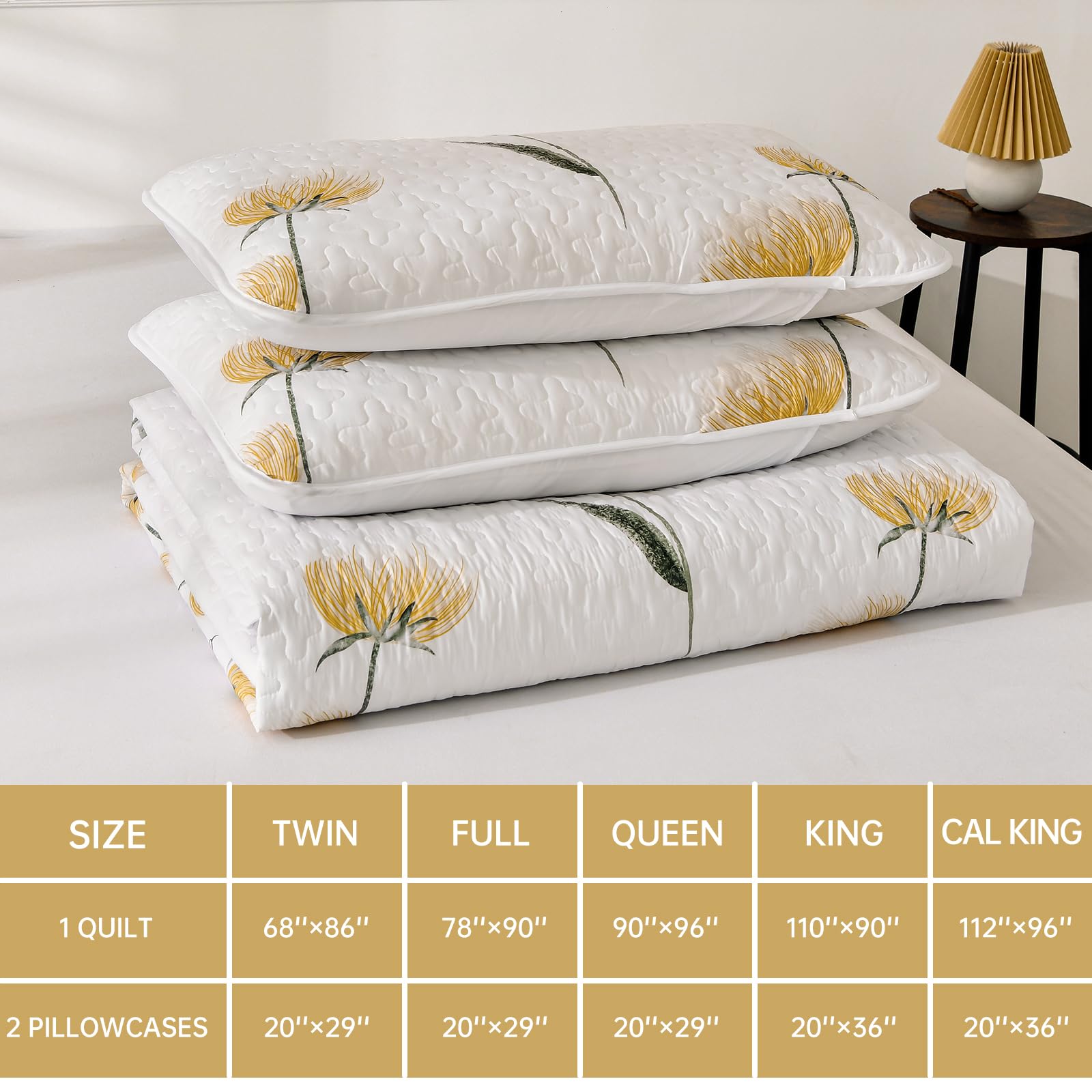 Yellow flower pattern brightens the bedroom and decor palette.