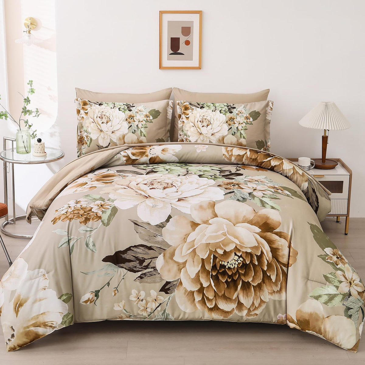 Dintszyayue khaki floral comforter king on a neatly made bed for all-season warmth.